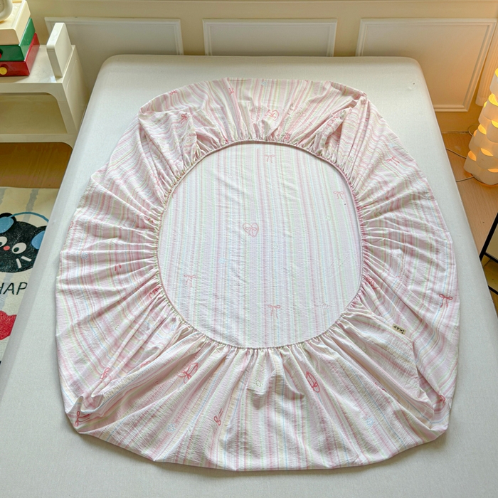 91家纺网 家纺一手货源 找家纺 眠多宝2025新款皱皱纱双层纱床笠三件套直播热款 彩色条纹