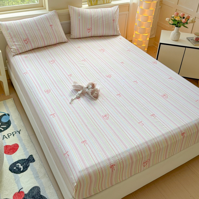 91家纺网 家纺一手货源 找家纺 眠多宝2025新款皱皱纱双层纱床笠三件套直播热款 彩色条纹