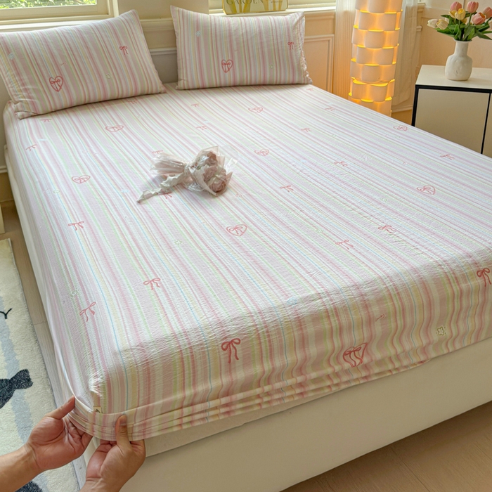 91家纺网 家纺一手货源 找家纺 眠多宝2025新款皱皱纱双层纱床笠三件套直播热款 彩色条纹