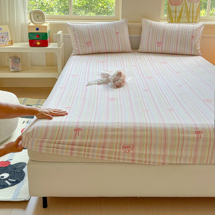 91家纺网 家纺一手货源 找家纺 眠多宝2025新款皱皱纱双层纱床笠三件套直播热款 彩色条纹