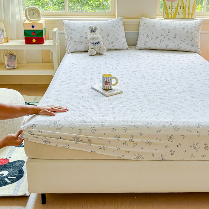 91家纺网 家纺一手货源 找家纺 眠多宝2025新款皱皱纱双层纱床笠三件套直播热款 草丛兔