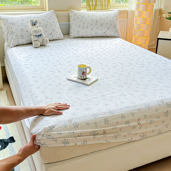 91家纺网 家纺一手货源 找家纺 眠多宝2025新款皱皱纱双层纱床笠三件套直播热款 草丛兔