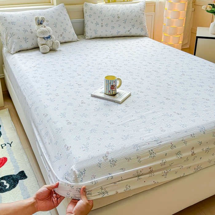 91家纺网 家纺一手货源 找家纺 眠多宝2025新款皱皱纱双层纱床笠三件套直播热款 草丛兔