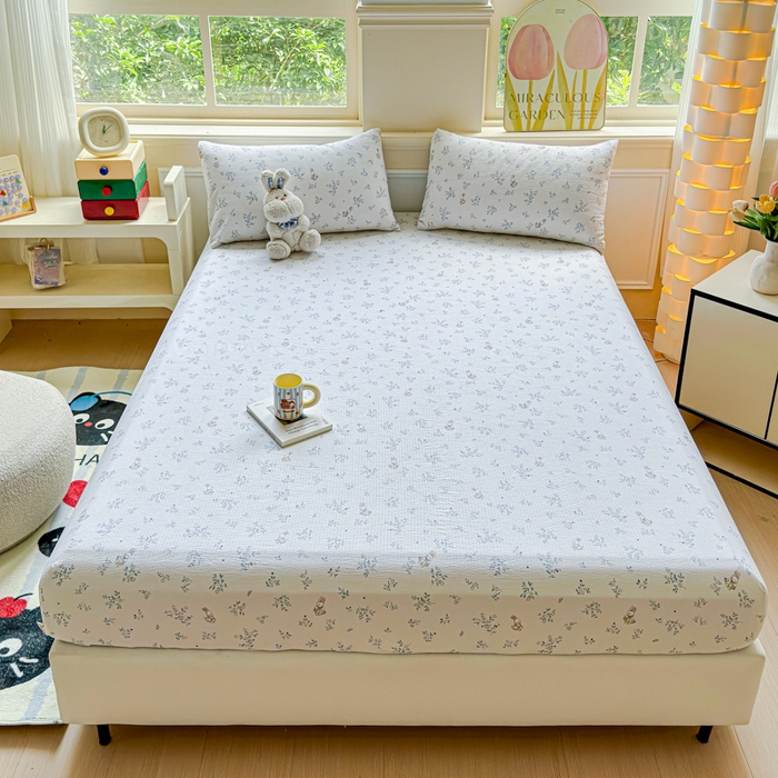 眠多宝2025新款皱皱纱双层纱床笠三件套直播热款 草丛兔