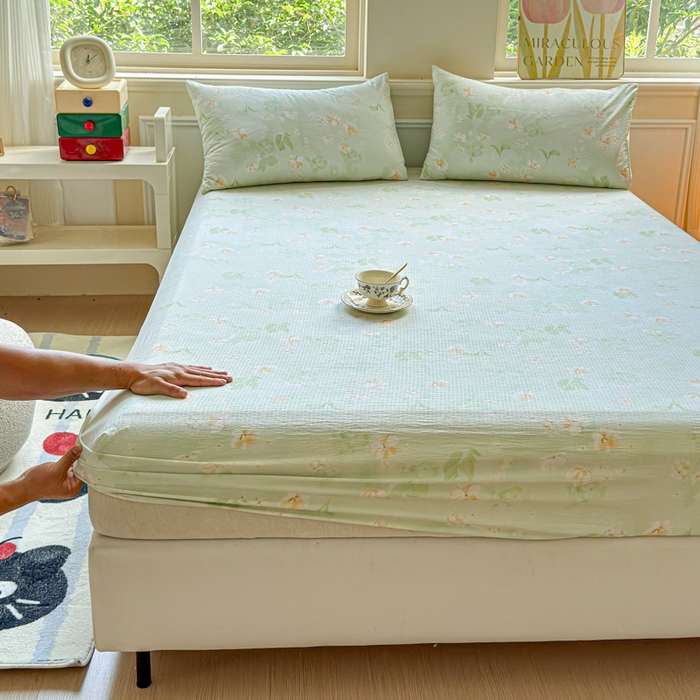 91家纺网 家纺一手货源 找家纺 眠多宝2025新款皱皱纱双层纱床笠三件套直播热款 兰樱