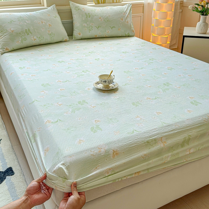 91家纺网 家纺一手货源 找家纺 眠多宝2025新款皱皱纱双层纱床笠三件套直播热款 兰樱