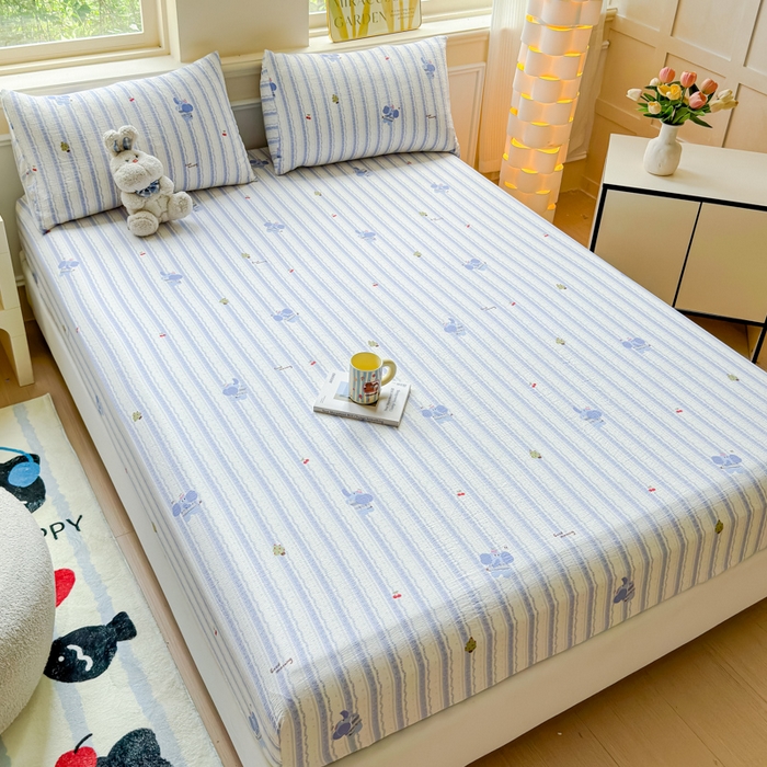 91家纺网 家纺一手货源 找家纺 眠多宝2025新款皱皱纱双层纱床笠三件套直播热款 蓝胖子