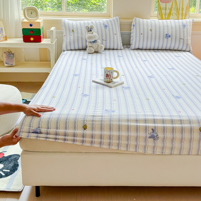 91家纺网 家纺一手货源 找家纺 眠多宝2025新款皱皱纱双层纱床笠三件套直播热款 蓝胖子