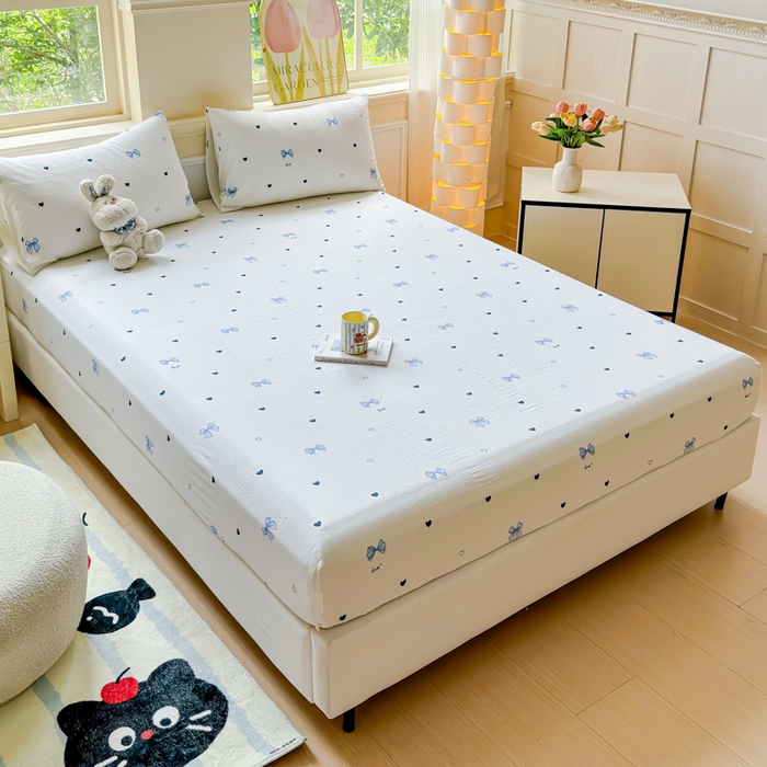 91家纺网 家纺一手货源 找家纺 眠多宝2025新款皱皱纱双层纱床笠三件套直播热款 蓝色蝴蝶结