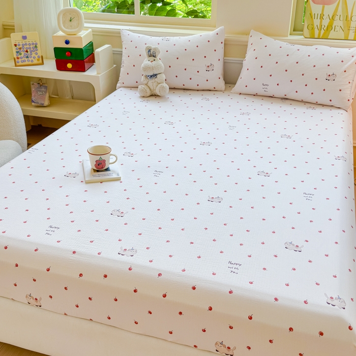 91家纺网 家纺一手货源 找家纺 眠多宝2025新款皱皱纱双层纱床笠三件套直播热款 樱桃狗