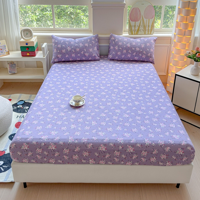 眠多宝2025新款皱皱纱双层纱床笠三件套直播热款 紫苏