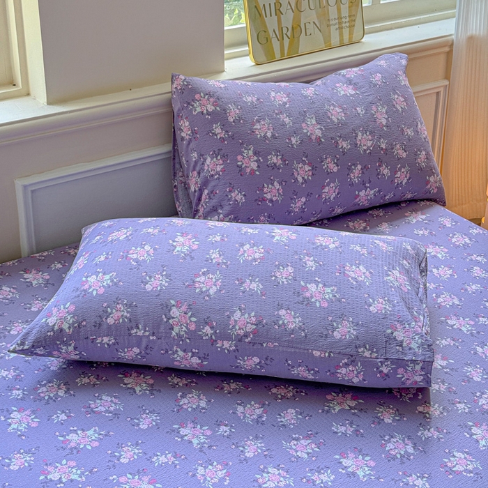 91家纺网 家纺一手货源 找家纺 眠多宝2025新款皱皱纱双层纱床笠三件套直播热款 紫苏