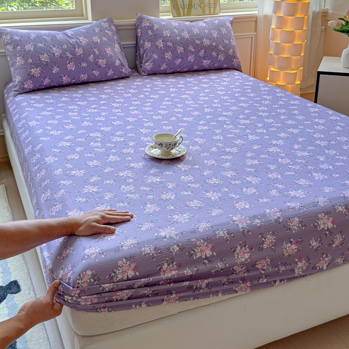 91家纺网 家纺一手货源 找家纺 眠多宝2025新款皱皱纱双层纱床笠三件套直播热款 紫苏