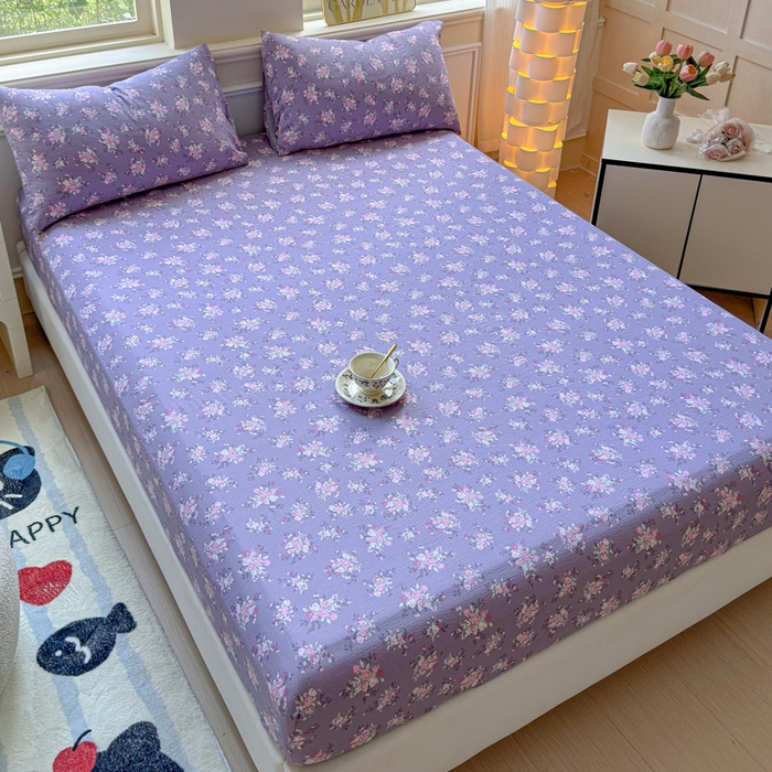 91家纺网 家纺一手货源 找家纺 眠多宝2025新款皱皱纱双层纱床笠三件套直播热款 紫苏