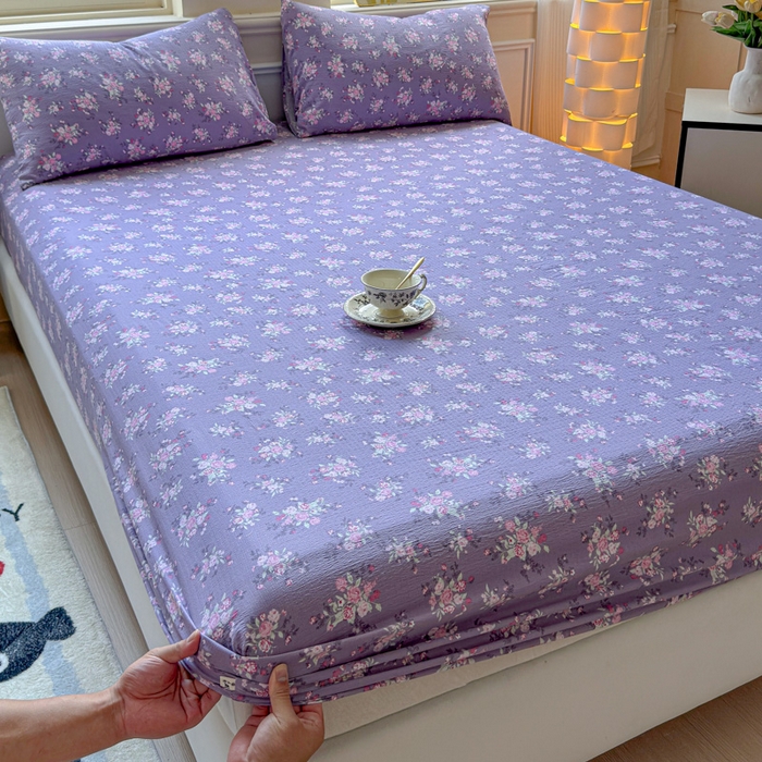 91家纺网 家纺一手货源 找家纺 眠多宝2025新款皱皱纱双层纱床笠三件套直播热款 紫苏