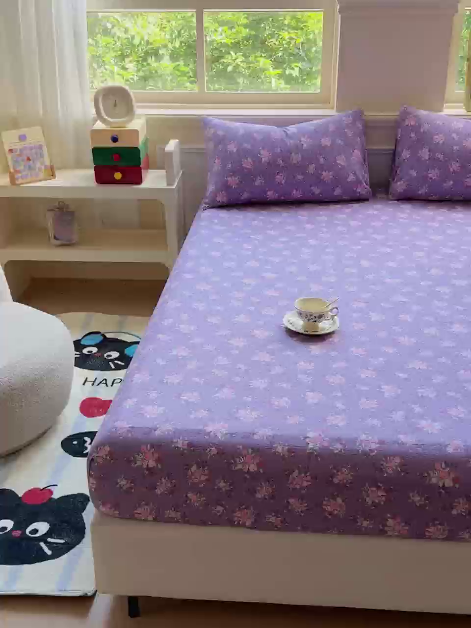 91家纺网 家纺一手货源 找家纺 眠多宝2025新款皱皱纱双层纱床笠三件套直播热款 紫苏