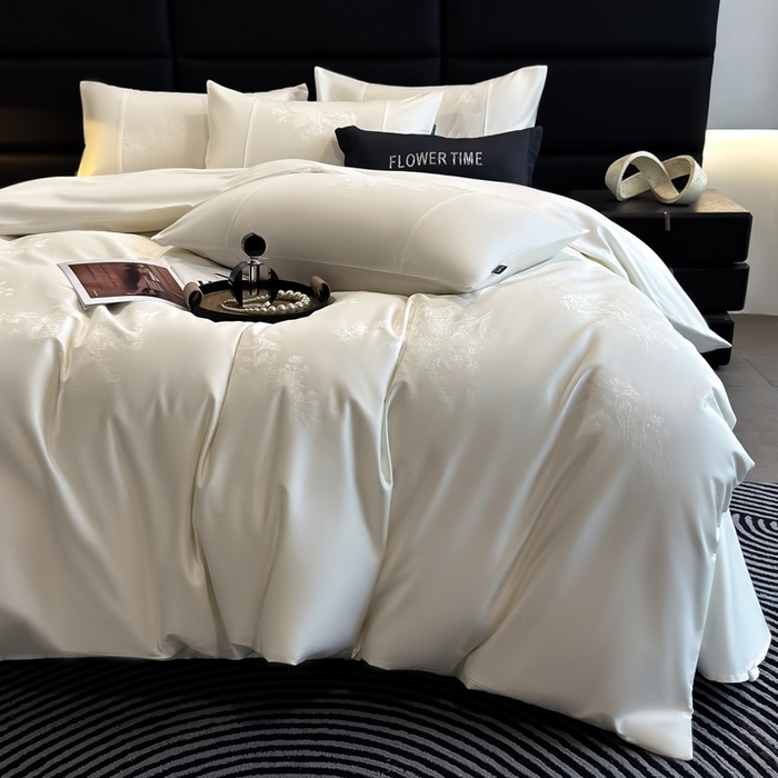 91家纺网 家纺一手货源 找家纺 花时间 2025秋冬新款简约贡缎提花四件套 繁悦系列 繁悦-皓月白