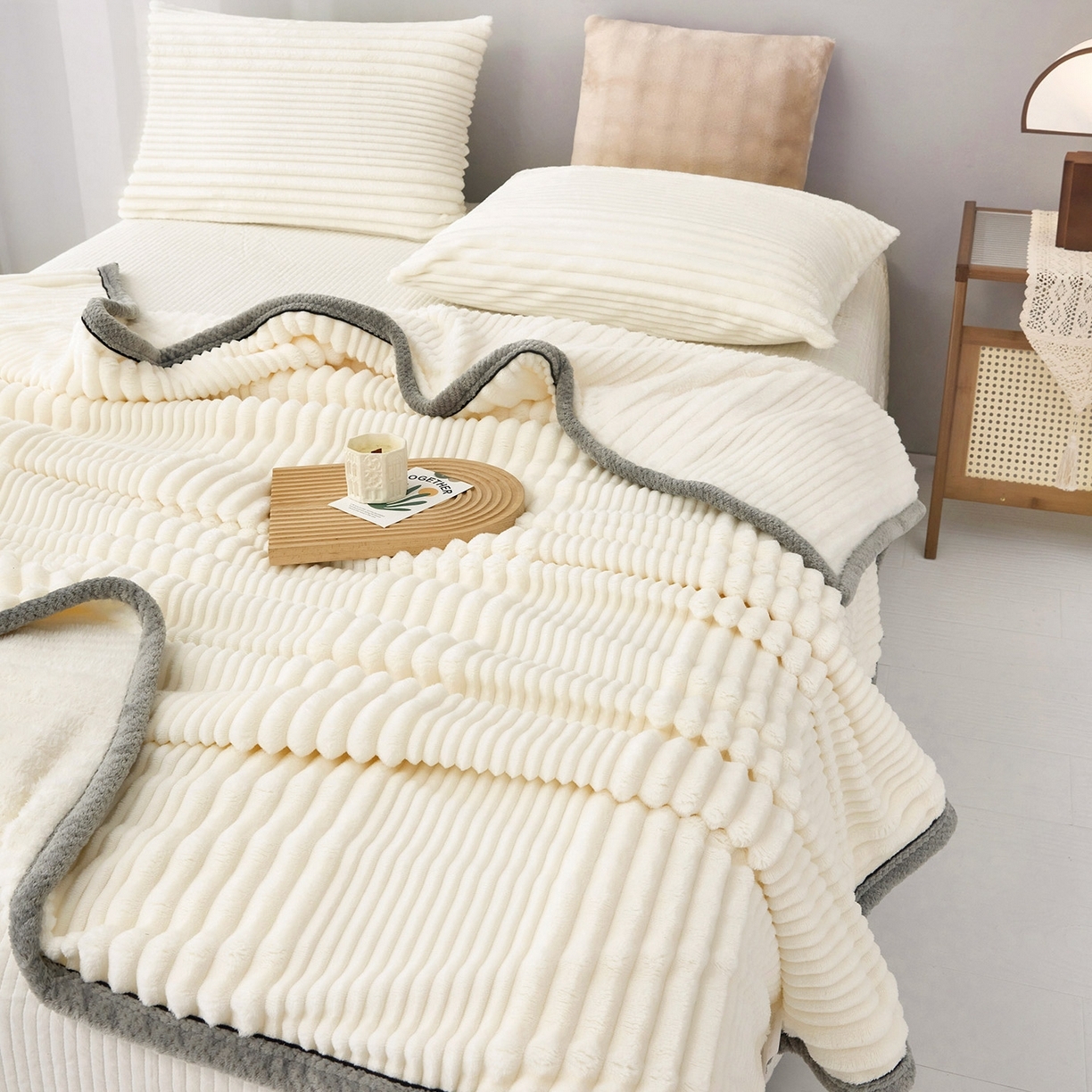 91家纺网 家纺一手货源 找家纺 （总）肖恩毯业2025新款子母条兔毛绒毛毯盖毯休闲毯绒毯毯子跨境专供可打卷外贸出口可定制尺寸