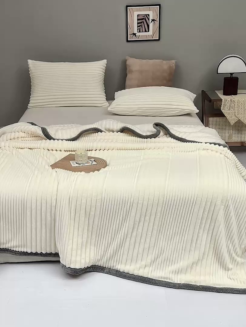 91家纺网 家纺一手货源 找家纺 （总）肖恩毯业2025新款子母条兔毛绒毛毯盖毯休闲毯绒毯毯子跨境专供可打卷外贸出口可定制尺寸