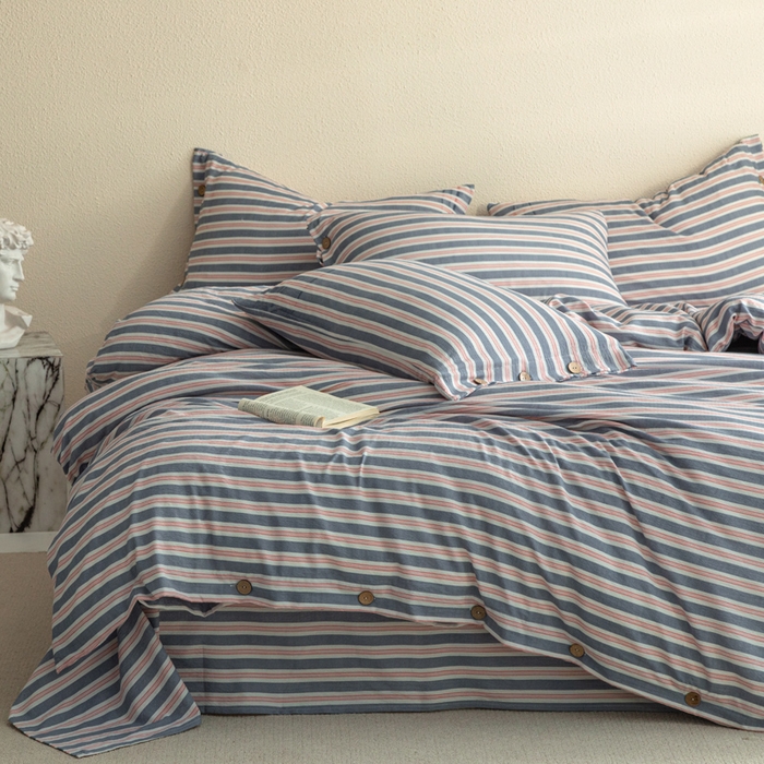 91家纺网 家纺一手货源 找家纺 库里梦家纺 2025新款皱皱纱亚麻纽扣式四件套 条纹-蓝粉