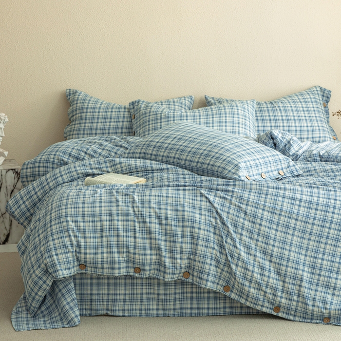 91家纺网 家纺一手货源 找家纺 库里梦家纺 2025新款皱皱纱亚麻纽扣式四件套 小格-蓝