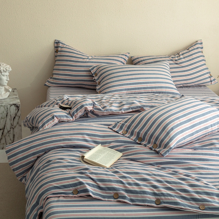 91家纺网 家纺一手货源 找家纺 库里梦家纺 2025新款皱皱纱亚麻纽扣式四件套 条纹-蓝粉