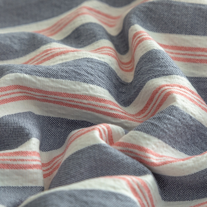 91家纺网 家纺一手货源 找家纺 库里梦家纺 2025新款皱皱纱亚麻纽扣式四件套 条纹-蓝粉