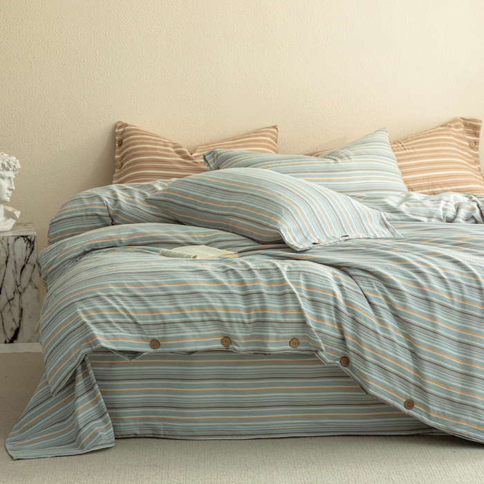 库里梦家纺 2025新款皱皱纱亚麻纽扣式四件套 条纹-绿