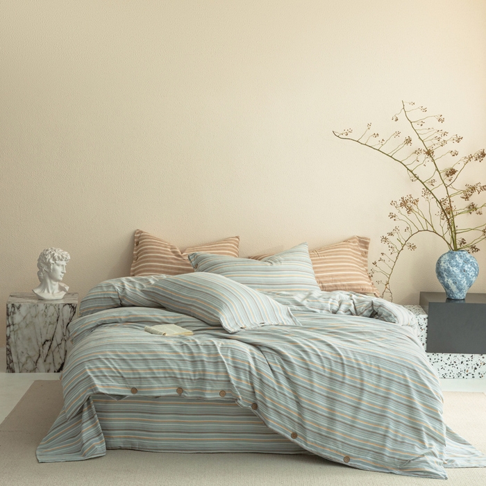 91家纺网 家纺一手货源 找家纺 库里梦家纺 2025新款皱皱纱亚麻纽扣式四件套 条纹-绿