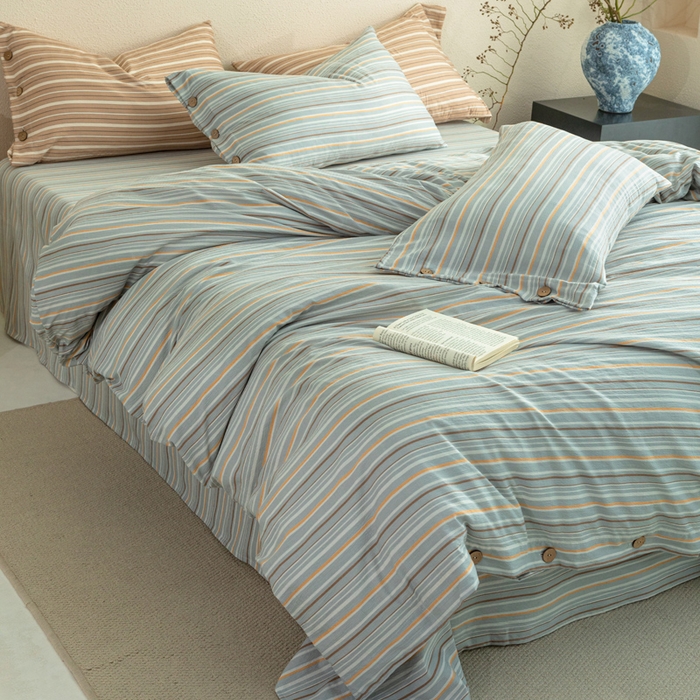 91家纺网 家纺一手货源 找家纺 库里梦家纺 2025新款皱皱纱亚麻纽扣式四件套 条纹-绿