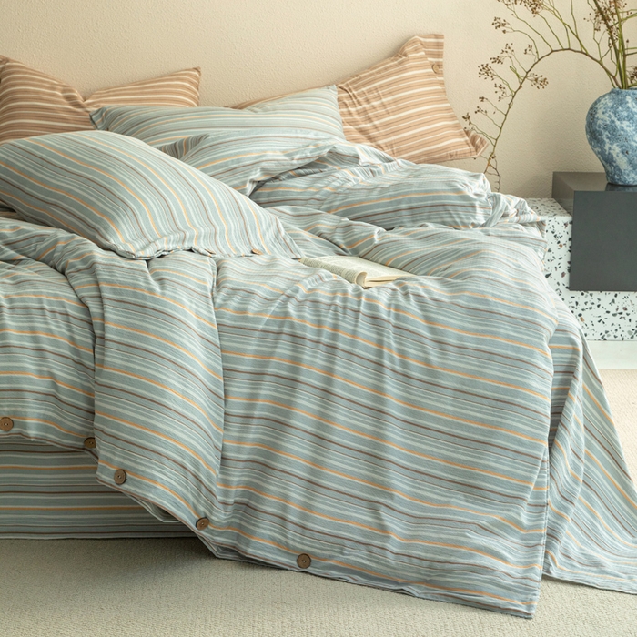 91家纺网 家纺一手货源 找家纺 库里梦家纺 2025新款皱皱纱亚麻纽扣式四件套 条纹-绿