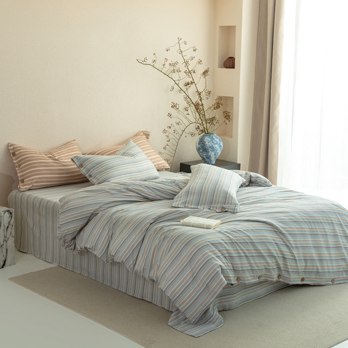 91家纺网 家纺一手货源 找家纺 库里梦家纺 2025新款皱皱纱亚麻纽扣式四件套 条纹-绿