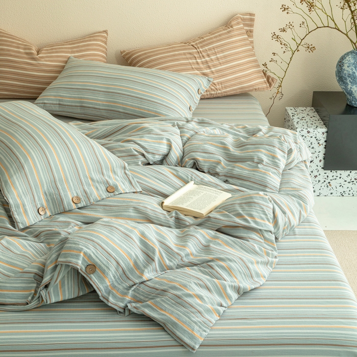 91家纺网 家纺一手货源 找家纺 库里梦家纺 2025新款皱皱纱亚麻纽扣式四件套 条纹-绿