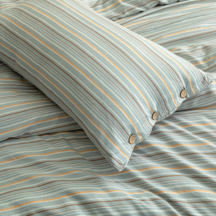 91家纺网 家纺一手货源 找家纺 库里梦家纺 2025新款皱皱纱亚麻纽扣式四件套 条纹-绿