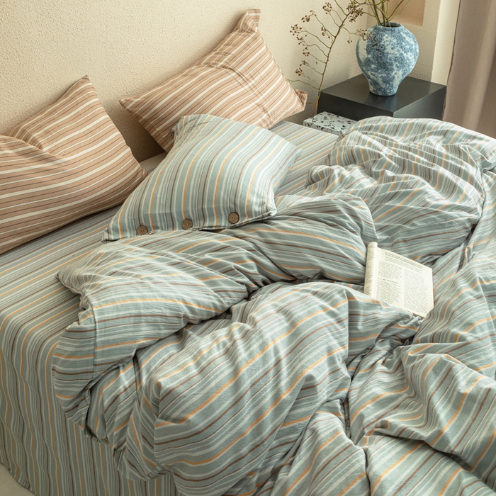 91家纺网 家纺一手货源 找家纺 库里梦家纺 2025新款皱皱纱亚麻纽扣式四件套 条纹-绿