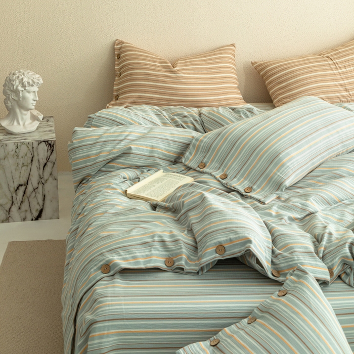 91家纺网 家纺一手货源 找家纺 库里梦家纺 2025新款皱皱纱亚麻纽扣式四件套 条纹-绿