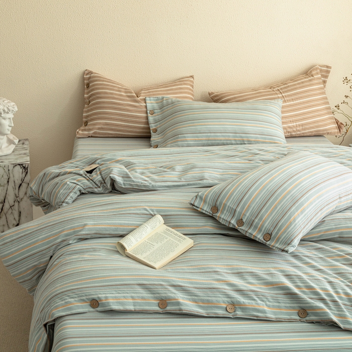 91家纺网 家纺一手货源 找家纺 库里梦家纺 2025新款皱皱纱亚麻纽扣式四件套 条纹-绿