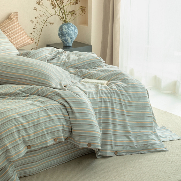 91家纺网 家纺一手货源 找家纺 库里梦家纺 2025新款皱皱纱亚麻纽扣式四件套 条纹-绿