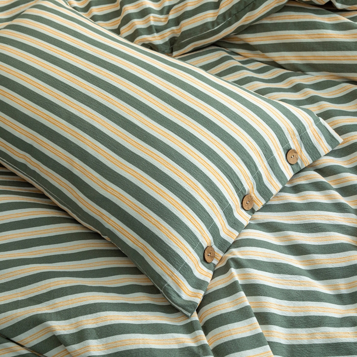 91家纺网 家纺一手货源 找家纺 库里梦家纺 2025新款皱皱纱亚麻纽扣式四件套 条纹-青