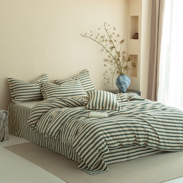 91家纺网 家纺一手货源 找家纺 库里梦家纺 2025新款皱皱纱亚麻纽扣式四件套 条纹-青