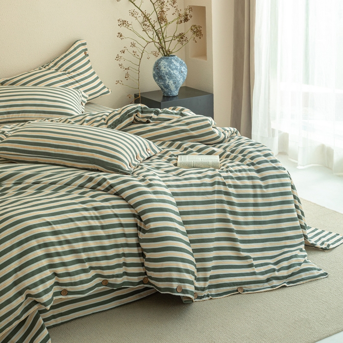 91家纺网 家纺一手货源 找家纺 库里梦家纺 2025新款皱皱纱亚麻纽扣式四件套 条纹-青