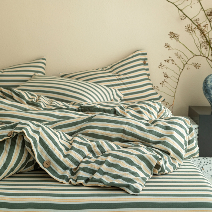 91家纺网 家纺一手货源 找家纺 库里梦家纺 2025新款皱皱纱亚麻纽扣式四件套 条纹-青