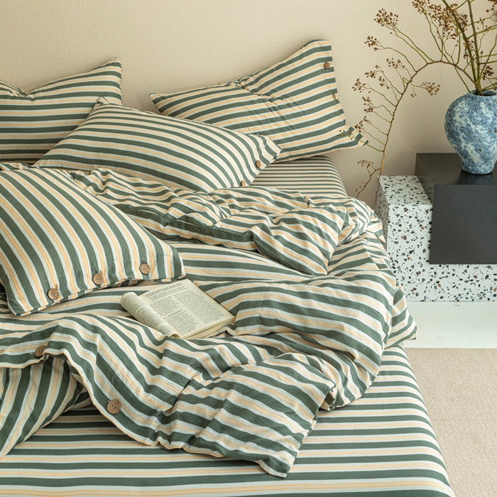 91家纺网 家纺一手货源 找家纺 库里梦家纺 2025新款皱皱纱亚麻纽扣式四件套 条纹-青