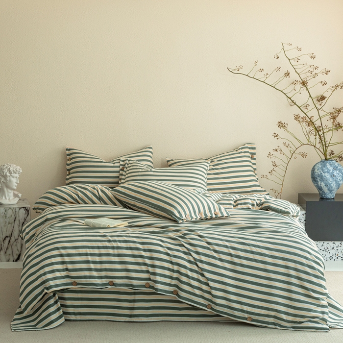 91家纺网 家纺一手货源 找家纺 库里梦家纺 2025新款皱皱纱亚麻纽扣式四件套 条纹-青