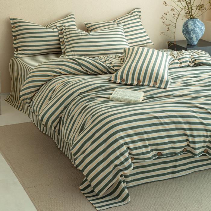 91家纺网 家纺一手货源 找家纺 库里梦家纺 2025新款皱皱纱亚麻纽扣式四件套 条纹-青