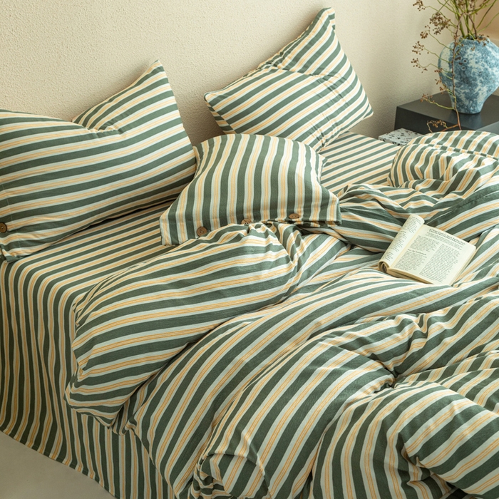 91家纺网 家纺一手货源 找家纺 库里梦家纺 2025新款皱皱纱亚麻纽扣式四件套 条纹-青