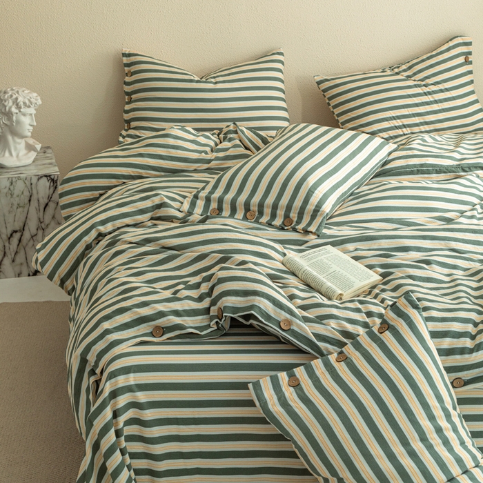 91家纺网 家纺一手货源 找家纺 库里梦家纺 2025新款皱皱纱亚麻纽扣式四件套 条纹-青