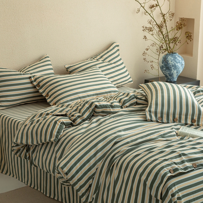 91家纺网 家纺一手货源 找家纺 库里梦家纺 2025新款皱皱纱亚麻纽扣式四件套 条纹-青