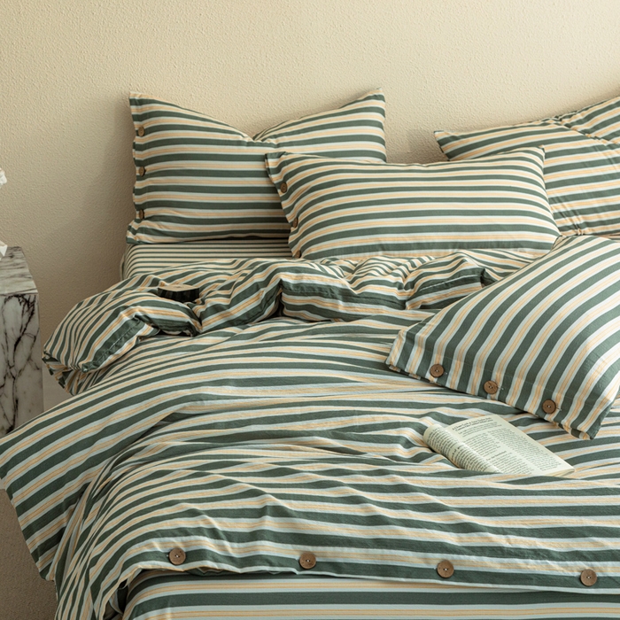 91家纺网 家纺一手货源 找家纺 库里梦家纺 2025新款皱皱纱亚麻纽扣式四件套 条纹-青