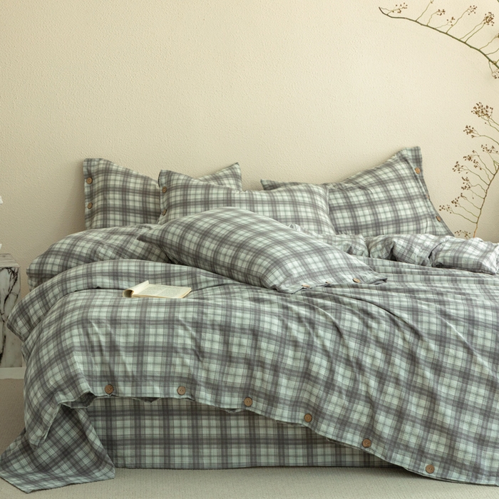 库里梦家纺 2025新款皱皱纱亚麻纽扣式四件套 小格-灰